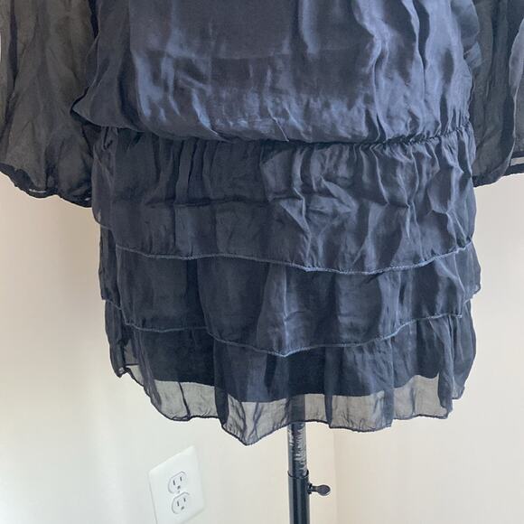 Tiered Drop Waist Dress Womens Sz 4 Black Mini Sheer Sleeve LBD - Picture 4 of 8